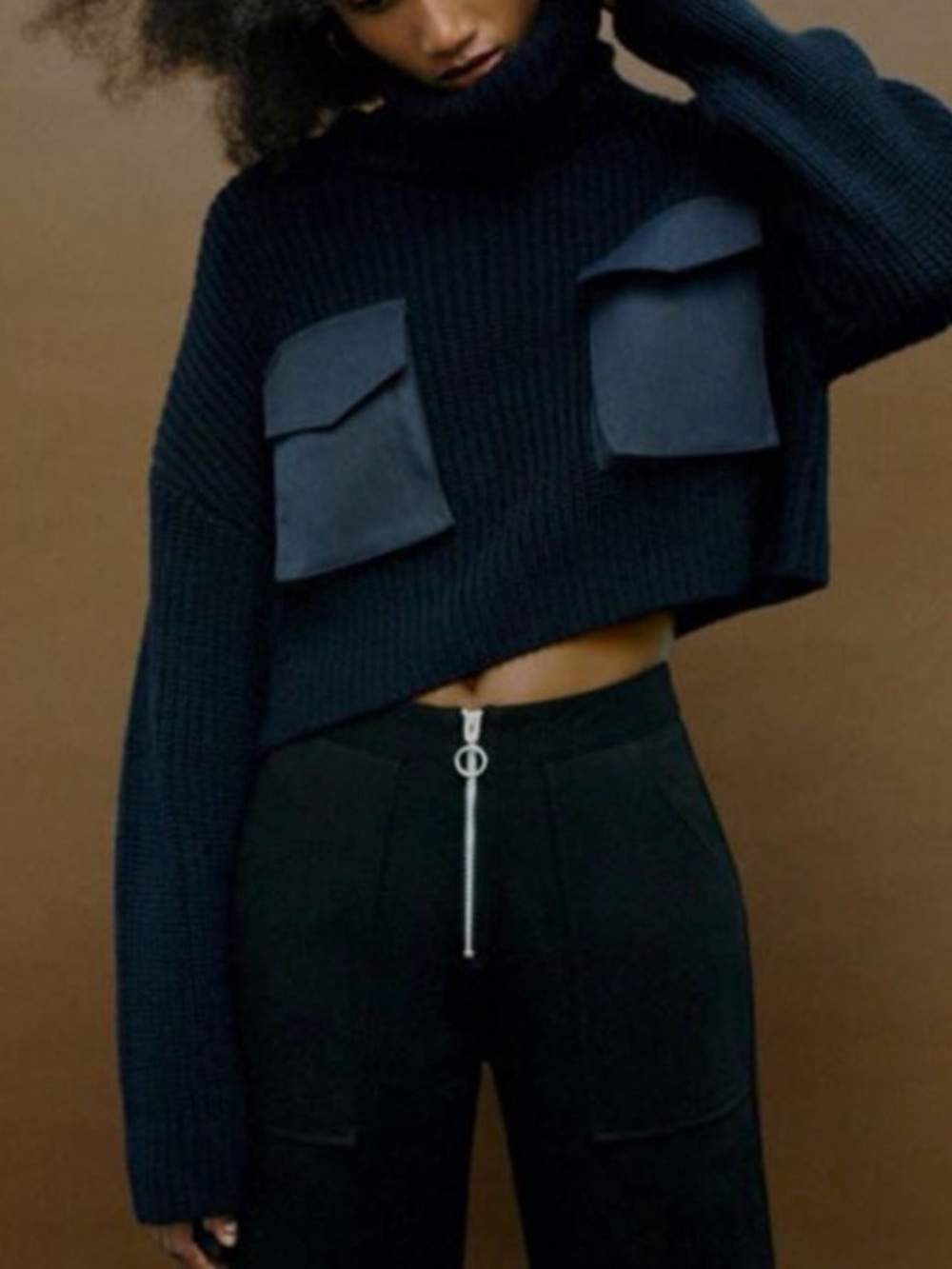 Zara Navy Cropped Turtleneck Sweater with Front Flap Pockets